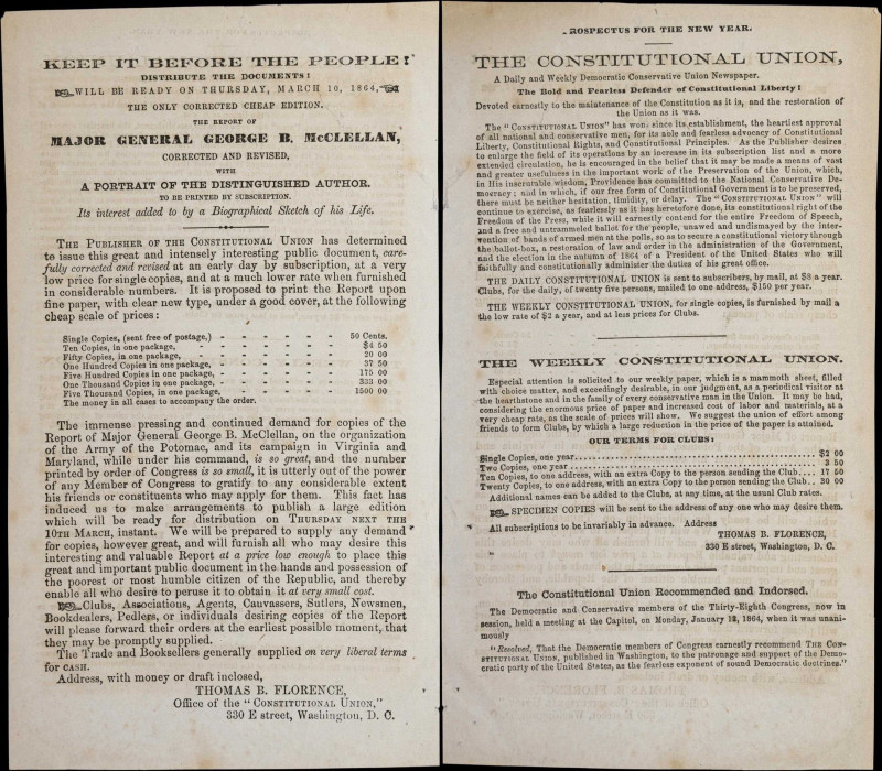 1864 Civil War Era Prospectus Pertaining to General George B. McClellan.
Solici...