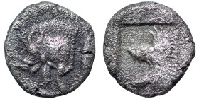 MYSIA. Kyzikos. Circa 450-400 BC. Obol (silver, 0.49 g, 7 mm). Forepart of a boar to left; on shoulder, retrograde E; to right, tunny upward. Rev. Hea...