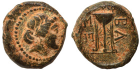 SELEUKID KINGS of SYRIA. Seleukos I Nikator, 312-281 BC. Ae (bronze, 2.55 g, 12 mm), Antioch. Laureate head of Apollo right. Rev. BA ΣΕ Tripod. HGC 9,...