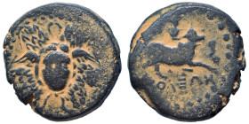 CILICIA. Soloi. Circa 100-30 BC. Ae (bronze, 11.73 g, 22 mm). Gorgoneion at center of aegis. Rev. Aphrodite turreted, riding bull right; monogram abov...