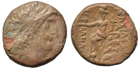 NABATAEA. Aretas III. Circa 82/1-59/8 BC. Ae (bronze, 8.60 g, 20 mm), Damascus. Diademed head right. Rev. Tyche seated left, holding cornucopia; monog...