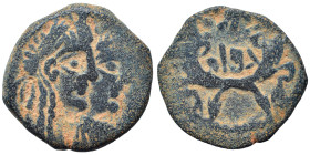 NABATAEA. Rabbel II, with Gamilat, 70-106. Ae (bronze, 2.68 g, 16 mm), Petra. Jugate, laureate busts of Rabbel and Gamilat, draped, right. Rev. Crosse...
