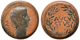 Uncertain Asian mint. Augustus, 27 BC-AD 14. Ae (bronze, 11.30 g, 24 mm). CAESAR Bare head of Augustus to right. Rev. AVGV/STVS in two lines within la...