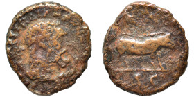 Trajan, 98-117. Quadrans (bronze, 2.41 g, 14 mm), Rome. IMP CAES TRAIAN AVG GERM Laureate bust of Hercules to right, wearing lion skin draped around h...