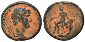 Hadrian, 117-138. As (bronze, 7.80 g, 22 mm), Rome, for circulation in the East. HADRIANVS AVGVSTVS Laureate, draped and cuirassed bust to right. Rev....
