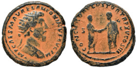 Marcus Aurelius, 161-180. Dupondius (bronze, 14.09 g, 27 mm), Rome. IMP CAES M AVREL ANTONINVS AVG P M Radiate head right. Rev. CONCORD AVGVSTOR TR P ...
