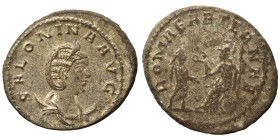 Salonina, Augusta, 254-268. Antoninianus (billon, 3.68 g, 21 mm), Antioch. SALONINA AVG Diademed and draped bust of Salonina to right, resting on a cr...
