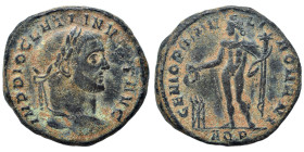 Diocletian, 284-305. Follis (bronze, 9.97 g, 27 mm), Aquileia. IMP DIOCLETIANVS P F AVG Laureate head right. Rev. GENIO POPVLI ROMANI Genio standing l...