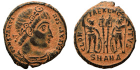 Constantine I, 307/310-337. Follis (bronze, 2.79 g, 18 mm), Antioch. CONSTANTINVS MAX AVG Rosette-diadem, draped, cuirassed bust right. Rev. GLORIA EX...