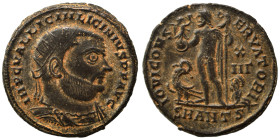 Licinius I, 308-324. Follis (bronze, 3.47 g, 19 mm), Antioch. IMP C VAL LICIN LICINIVS P F AVG Radiate, draped and cuirassed bust to right. Rev. IOVI ...