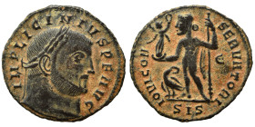 Licinius I, 308-324. Ae (bronze, 2.91 g, 21 mm), Siscia. IMP LIC LICINIVS P F AVG Laureate head right. Rev. IOVI CONSERVATORI / E Jupiter standing lef...