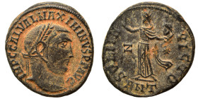 Maximinus II, 310-313. Follis (bronze, 5.57 g, 21 mm), Antioch. IMP C GAL VAL MAXIMINVS P F AVG Laureate head to right. Rev. SOLI INVICTO Radiate Sol ...