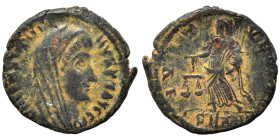 Divus Constantine I, died 337. Follis (bronze, 1.56 g, 15 mm), Antioch. D V CONSTANTINVS PT AVGG Veiled bust to right. Rev IVST VEN MEM Aequitas stand...