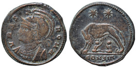 Commemorative Series, 330-354. Follis (bronze, 2.14 g, 18 mm), Constantinople. VRBS ROMA Helmeted and mantled bust of Roma to left. Rev. She-wolf stan...