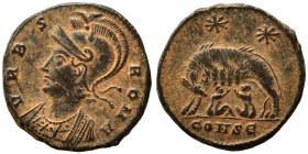 Commemorative Series, 330-354. Follis (bronze, 2.63 g, 17 mm), Constantinople. VRBS ROMA Helmeted and mantled bust of Roma to left. Rev. She-wolf stan...