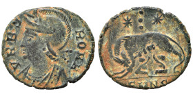 Commemorative Series, 330-354. Follis (bronze, 1.88 g, 16 mm), Antioch. VRBS ROMA Helmeted and mantled bust of Roma to left. Rev. She-wolf standing le...