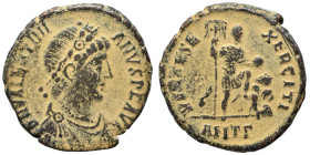 Valentinian II, 375-392. Maiorina (bronze, 4.66 g, 22 mm), Antioch. D N VALENTINIANVS P F AVG Rosette-diademed, draped and cuirassed bust of Valentini...