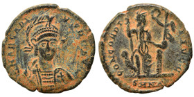 Arcadius, 383-408. Follis (bronze, 2.55 g, 18 mm), Cyzicus. D N ARCADI-VS P F AVG Pearl-diademed, helmeted and cuirassed bust of Arcadius facing sligh...