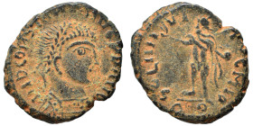 Barbaric imitation of Roman folles. Circa 4th century AD. Ae (bronze, 3.83 g, 20 mm). Laureate head right. Rev. Sol standing left, holding globe. Very...