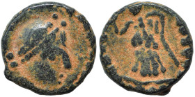 Barbaric imitation of Roman folles. Circa 5th century AD. Ae (bronze, 1.28 g, 10 mm). Pearl-diademed bust right. Rev. Victory standing left. Very fine...