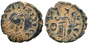 Barbaric imitation of Roman folles. Circa 4-5th century AD. Ae (bronze, 0.90 g, 11 mm). Pearl-diademed bust right. Rev. Victory standing left. Very fi...