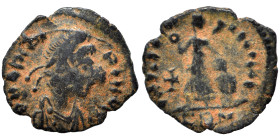 Barbaric imitation of Roman folles. Circa 4-5th century AD. Ae (bronze, 0.62 g, 12 mm). Pearl-diademed bust right. Rev. Victory standing left. Draggin...