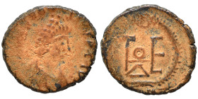 Theodosius II, 408-450. Nummus (bronze, 1.26 g, 12 mm), Uncertain mint. D N THEODOSIVS P F AVG Diademed, draped and cuirassed bust right. Rev. Monogra...
