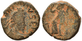 Uncertain, probably Vandals in the name of Valentinian III, 5th cent. AD. Ae (bronze, 1.27 g, 11 mm). Pearl-diademed, draped and cuirassed bust right....