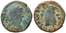 Uncertain, 5th cent. AD. Ae (bronze, 1.31 g, 11 mm). Pearl-diademed, draped and cuirassed bust right. Rev. Victory advancing left, holding trophy over...