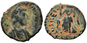 Uncertain, 5th cent. AD. Ae (bronze, 1.13 g, 12 mm). Pearl-diademed, draped and cuirassed bust right. Rev. Victory advancing left, holding trophy over...