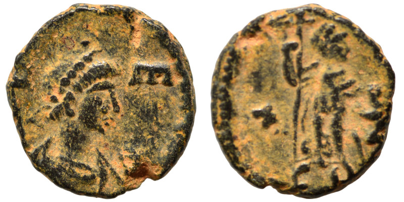 Leo I, 457-474. Nummus (bronze, 1.17 g, 11 mm), Constantinople. Diademed, draped...