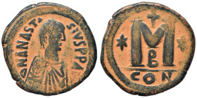 Anastasius I, 491-518. Follis (bronze, 17.34 g, 32 mm), Constantinople. D N ANASTA-SIVS P P AVG Pearl-diademed, draped and cuirassed bust of Anastasiu...