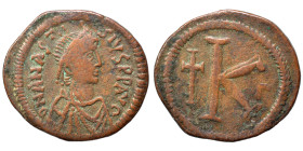 Anastasius I, 491-518. Half Follis (bronze, 9.04 g, 29 mm), Constantinople. D N ANASTASIVS P P AVG Diademed, draped and cuirassed bust right. Rev. Lar...