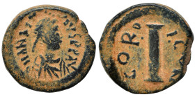 Anastasius I, 491-518. Decanummium (bronze, 2.49 g, 15 mm), Constantinople. D N ANASTASIVS P P AVG, diademed, draped and cuirassed bust to right. Rev....