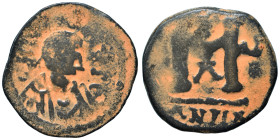 Justin I, 518-527. Follis (bronze, 11.71 g, 31 mm), Antioch. D N IVSTINVS PP AC Diademed and draped bust of Justin I to right. Rev. Large M between tw...