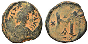 Justin I, 518-527. Follis (bronze, 17.40 g, 34 mm), Theoupolis (Antioch). DN IVSTINVS PP AVG Diademed, draped and cuirassed bust right. Rev. Large M; ...
