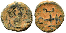 Justin I, 518-527. Pentanummium (bronze, 0.64 g, 8 mm), Theoupolis (Antioch). D N IVSTINVS P AVG Pearl-diademed, draped and cuirassed bust to right. R...