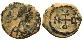 Justin I, 518-527. Pentanummium (bronze, 0.93 g, 10 mm), Theoupolis (Antioch). D N IVSTINVS P AVG Pearl-diademed, draped and cuirassed bust to right. ...