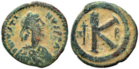 Justin I, 518-527. Half follis (bronze, 6.21 g, 24 mm), Nicomedia. [DN IVSTI]NVS PP AYG Diademed, draped, cuirassed bust right. Rev. Large K, to left ...