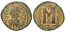Justin I, 518-527. Follis (bronze, 13.22 g, 33 mm), Eastern imitation. Diademed, draped and cuirassed bust right. Rev. Large M; cross above, star to l...