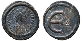 Justinian I, 527-565. Pentanummium (bronze, 3.66 g, 18 mm), Constantinople. D N IVSTINIANVS P P AVG Diademed, draped, and cuirassed bust of Justinian ...