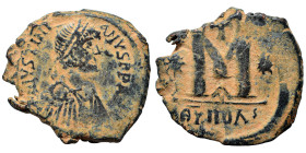 Justinian I, 527-565. Follis (bronze, 15.36 g, 32 mm), Theoupolis (Antioch). DN IVSTINIANVS PP AVC Pearl diademed, draped, cuirassed bust right. Rev. ...