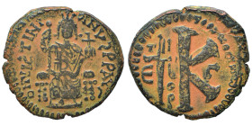 Justinian I, 527-565. Half follis (bronze, 7.54 g, 26 mm), Theoupolis (Antioch). DN VISTINIANVS PP AVG Justinian seated facing, holding long scepter a...