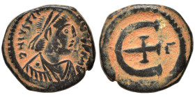 Justinian I, 527-565. Pentanummium (bronze, 2.52 g, 15 mm), Theoupolis (Antioch). Diademed, draped, and cuirassed bust of Justinian I to right. Rev. L...