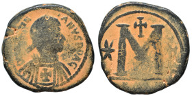 Justinian I, 527-565. Follis (bronze, 14.52 g, 30 mm), Carthage. DN IVSTINIANVS P P AVG Diademed, draped and cuirassed bust right. Rev. Large M; star ...
