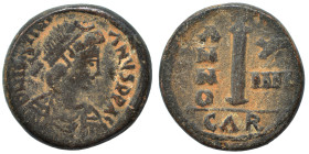 Justinian I, 527-565. Decanummium (bronze, 5.86 g, 18 mm), Carthage. Diademed, draped and cuirassed bust of Justinian I to right. Rev. Large I, A/N/N/...