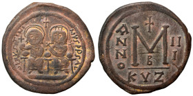 Justin II, with Sophia, 565-578. Follis (bronze, 15.00 g, 33 mm), Cyzicus. Justin, holding globus cruciger, and Sophia, holding cruciform scepter, sea...