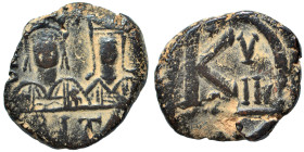 Justin II, with Sophia, 565-578. Half follis (bronze, 6.67 g, 22 mm), Carthage. Facing busts of Justin II, on the left, helmeted and cuirassed, and So...