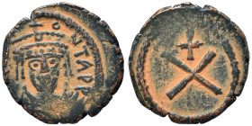 Tiberius II Constantine. 578-582. Decanummium (bronze, 3.72 g, 19 mm). Constantinople. Crowned, draped, and cuirassed bust facing. Rev. Large X, cross...