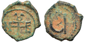 Tiberius II Constantine, 578-582. Pentanummium (bronze, 1.71 g, 14 mm), Theoupolis (Antioch). Monogram of Tiberius II Constantine. Rev. Large Ч; above...